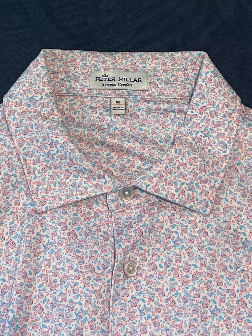 Peter Millar Men’s White Shirt with Blue & Red Micro Print